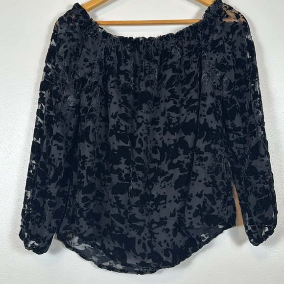 Rock & Republic Black Top Burn Out Velvet Gathered Neck Dark Whimsigoth Y2K M - Picture 4 of 9